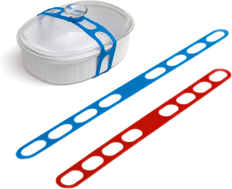 mella Lid Latch the reusable universal lid securing strap for crockpots, casserole dishes, pots, pans and more. Make it easy to transport your favorite dishes with one simple strap. (Polybag XL Ocean/Red) - Image 1